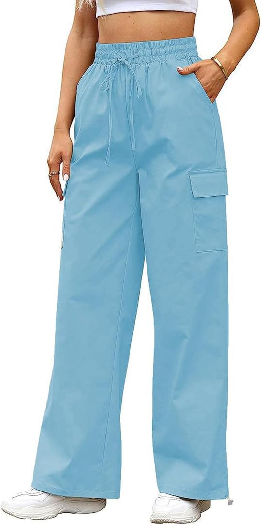 YOCUR Womens Casual Elastic High Waisted Work Pants Cotton Straight Leg Drawstring Trousers (XX-Large, B03-blue)
