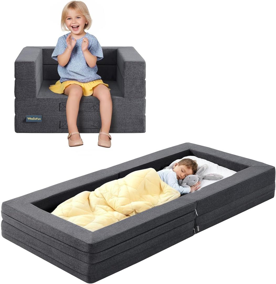 Travel Toddler Bed, 3-in-1 Convertible Sofa Bed for Toddler Portable Floor Beds, Flip Open Sofa Lounger for Girls and Boys, Made with High-Density Foam and Washable Cover,Gray (Grey)