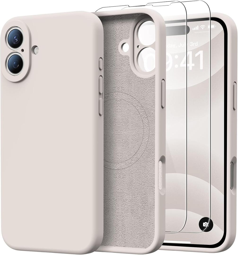 for iPhone 16 Case with 2 Screen Protectors - Compatible with Magsafe - Upgraded Camera Protection - Liquid Silicone Protective Phone Case for Men, Women,Girls - Rock Grey