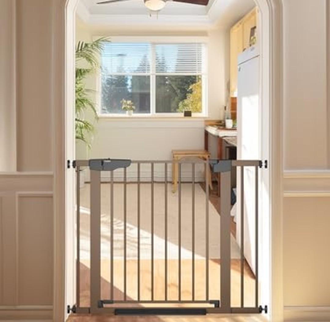 Cumbor 29.7-46" Baby Gate for Stairs, Toddler Safety Essentials for The House, Auto Close Dog Gate for Doorways, Mom's Choice Awards Winner-Easy Install Pressure Mounted Pet Gates for Dogs, White