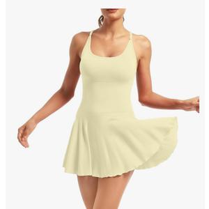 YOAKUKA Women's Flowy Tennis Dress with Built in Shorts & Bra Spaghetti Crossover Back Strap Athletic Workout Active Jumpsuit, yellow Size small