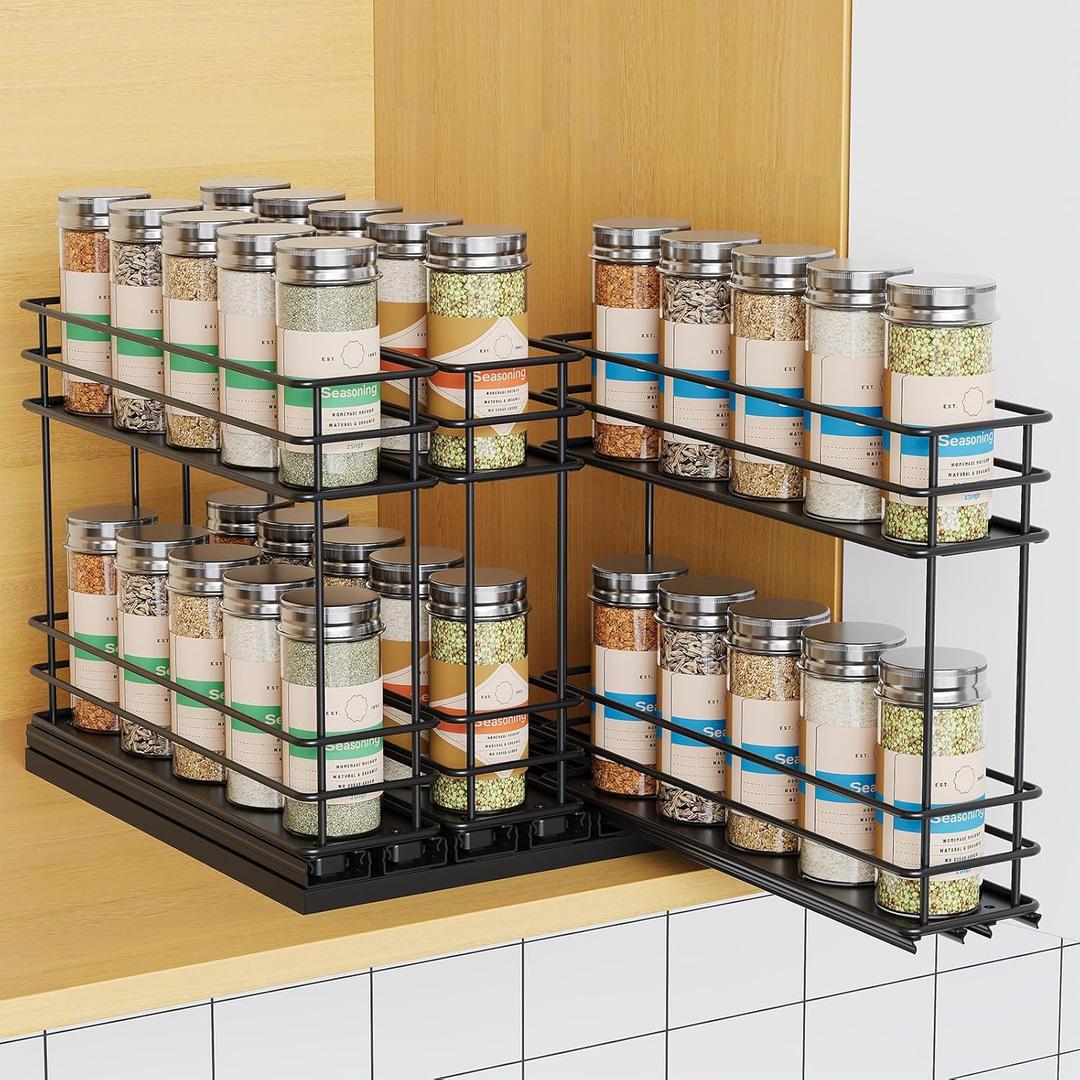 Mystozer Pull Out Spice Rack Organizer for Cabinet, Slide Out Spice Racks, Easy to Install Spice Cabinet Organizers, 7.4" Wx10.43 Dx8.26 H, 3 Drawers 2 Tiers (Black)