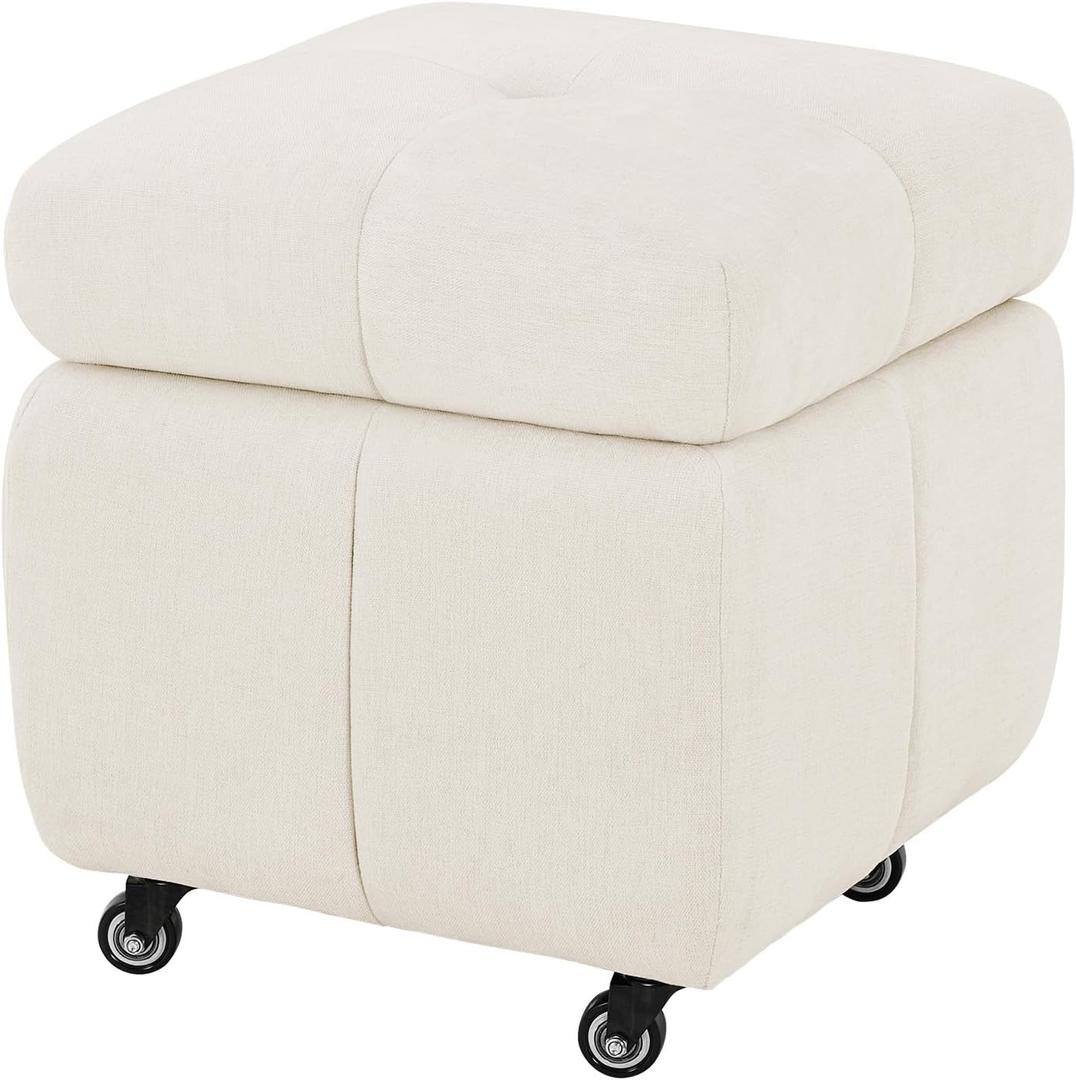 LUE BONA Square Pouf Ottoman with Storage, 17.4L Chenille Storage Ottoman Foot Rest with 360 Swivel Wheels & Tufted Cushion for Dorm, Vanity Stool Chair for Living Room, Easy to Assemble, Beige,250LBS, 15.4 x 15.4 x 16.7 inches