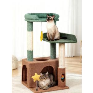 32" Cute Cat Tower for Indoor Kittens with Cat Condo, Plush Platform, Hammock, Sisal Scratching Posts, Dangling Ball, Tall Cat Tree Tower with Self-Grooming Brush (Olive Green)