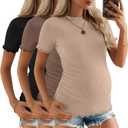 2 x 3 Pack Women's Ribbed Maternity Tops | Short Sleeve, Ribbed Knit, Crew Neck, Side Ruched, Pregnancy Clothes, Maternity Shirts, Soft, Stretchy, Breathable, Comfy (Black)