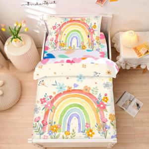 NTBED 4 Pieces Toddler Bedding Set for Baby Girls, Rainbow Floral Printed, Includes Comforter, Flat Sheet, Fitted Sheet and Pillowcase,White (Beige)