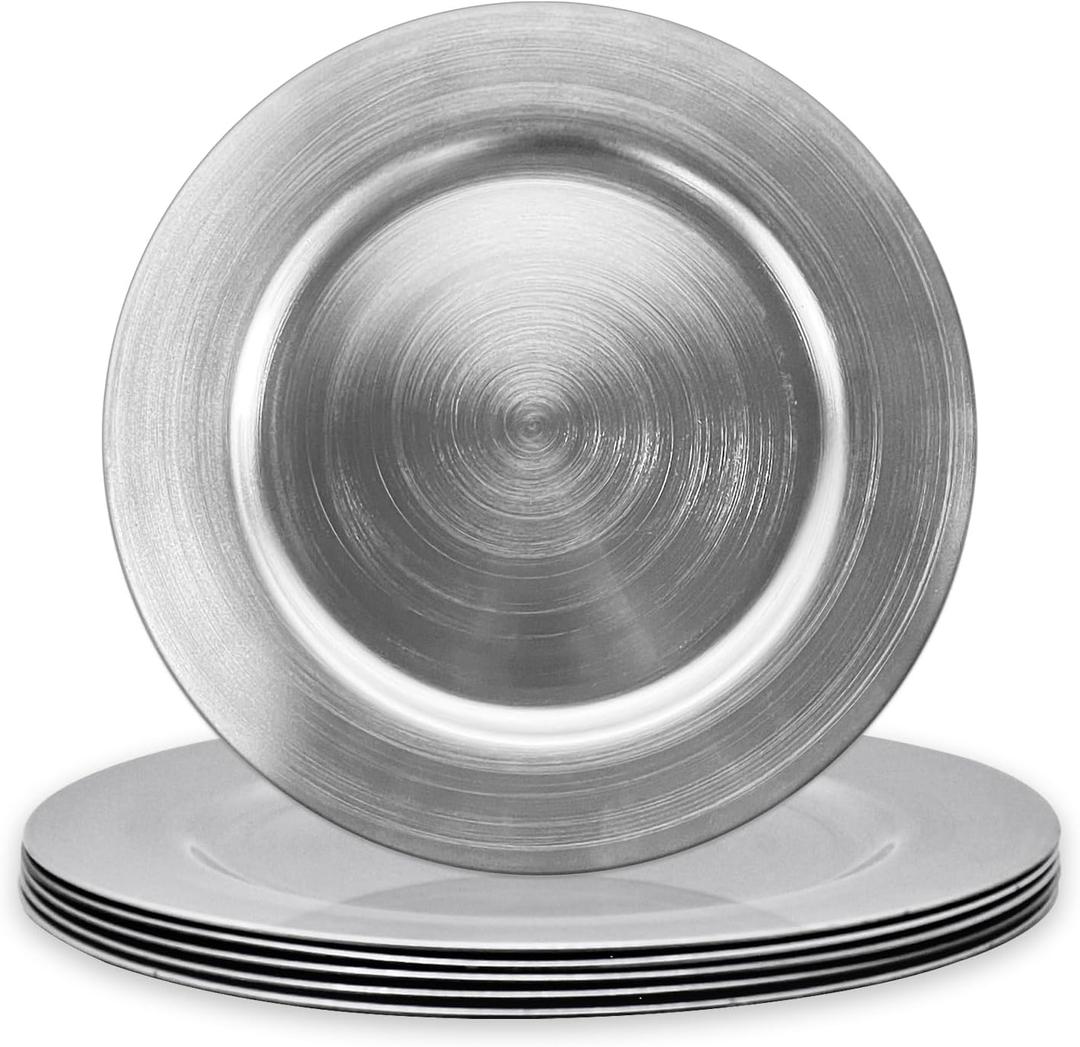 Ms Lovely Metallic Foil Charger Plates - Set of 6 - Made of Thick Plastic - Silver