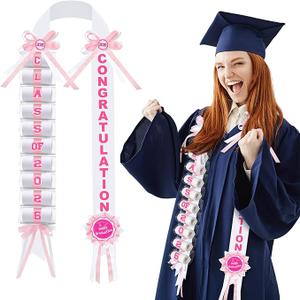 Lyrow Pink and White Graduation Money Lei Class of 2026 Ribbon Money Lei Graduation Cash Gift for Congrats Graduates Grad Leis with Cash Holder for Senior High School Party Supplies (Classic)