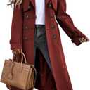 Fisoew Women's Double Breasted Long Trench Coat Windproof Classic Lapel Belted Overcoat with Pockets (Wine Red) S 