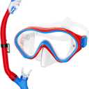 Snorkeling Gear for Kids with Foldable Silicone Full Dry Snorkel, Kids Snorkel Set Anti Leak Youth Junior Snorkeling Package Diving Mask Soft Tube with Mesh Bag Scuba Swimming Goggles (Red+Blue)