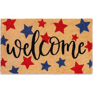 Whaline Patriotic Natural Coir Door Mat 4th of July Red Blue Star Welcome Mat Non-Slip Independence Day Entrance Door Rugs for 250th Anniversary Indoor Outdoor Home Bathroom Decor, 16.5 x 29 Inch