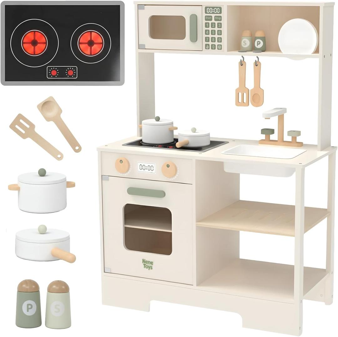 Nene Toys Wooden Play Kitchen for Toddlers & Kids – Toy Kitchen Playset with Lights & Sounds Stove, Sink, Faucet, Microwave, Oven + Food Accessories – Montessori Pretend Play Gift, Ages 3-6