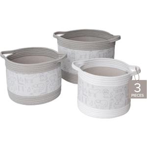Decorative Storage Baskets with Zoo Animal Prints, Set of 3 Round Fabric Rope and Linen Bins for Nursery or Playroom Organization, Multi-Sized with Easy-Carry Handles, Vapor Blue and White