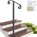 Handrail Railing 38.8‘’H, Single Post Handrail Fits 1 or 2 Steps, Sturdy Outdoor Stair Railing for Concrete&Wooden Steps with Base, Wrought Iron Stair Handrails, Grab Rail for Steps Porch, Gray