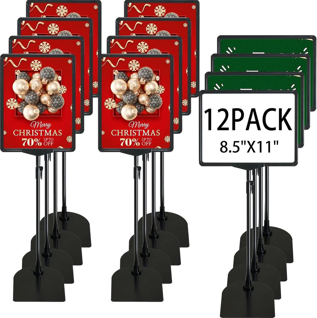 Sign Holder, 8.5 x 11 Inch Sign Stand with Adjustable Height Snap Open, Reusable Sign Stands for Display Advertising Business Signage, Vertical and Horizontal Two View Modes (Black, 12 Pack)
