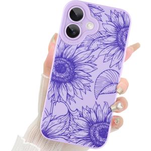 Fiyart Designed for iPhone 16 Case Cute Flower Floral Sunflowers Design,Soft Slim TPU Anti-Scratch Phone Cover for Women Girls 6.1"-Purple
