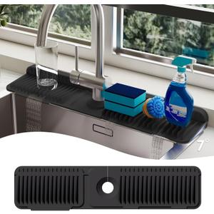 24 Inch Silicone Faucet Mat for Kitchen Sink Splash Guard - 7 Slope Upgraded Water Draining Mat with Fasten Button for Bathroom Area (Black, 24''x5.5'')