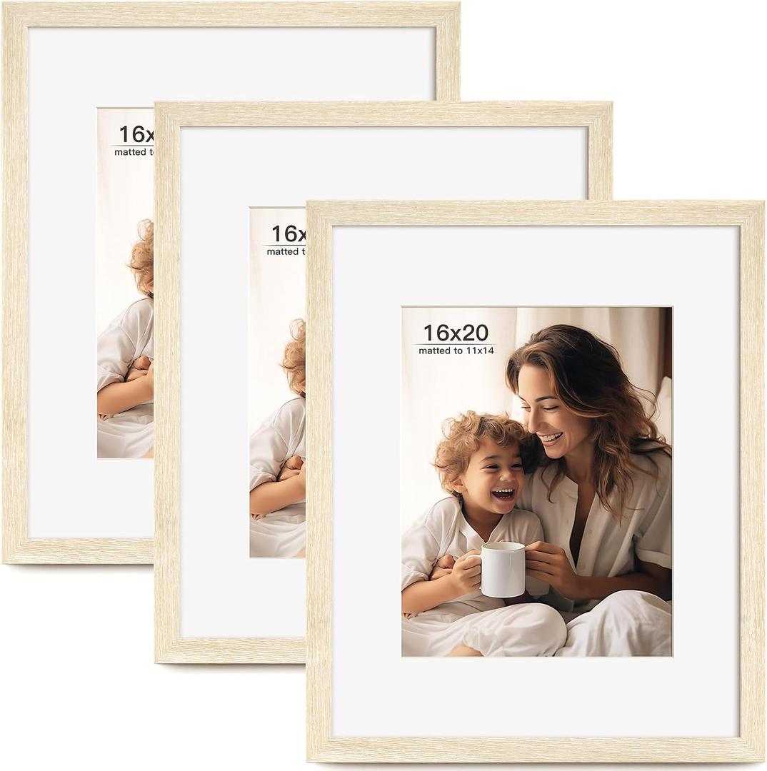 FinalFind 16x20 Picture Frame with Mat for 11x14 Set of 3, Natural Wood Grain 16x20 Frames for Horizontal & Vertical Wall Mounting (3 Pack,Natural)