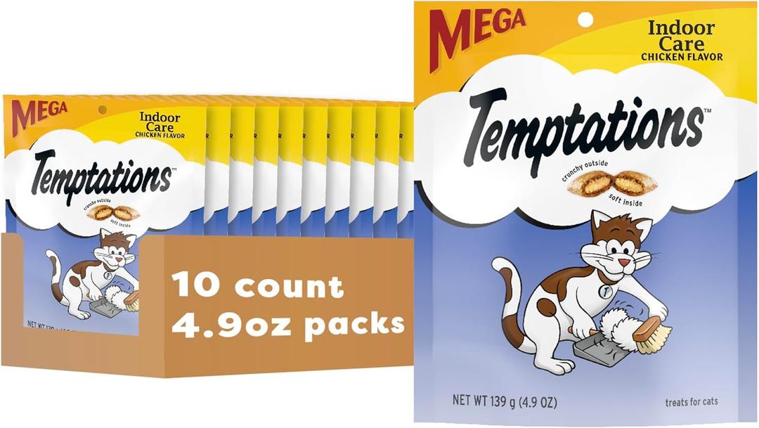 Temptations Indoor Care Crunchy and Soft Cat Treats Chicken Flavor, 4.9 oz. Pouch (Pack of 10), Best By 10/2026