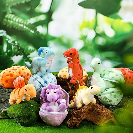 12 Pieces Bulk Dinosaur Stuffed Animal Plush Set: 6 Small Dino Plushies with 6 Mini Dino Egg Bags – Adopt a Dinosaur Party Favors, Gifts for Spring Easter Holiday, Themed Event Decorations