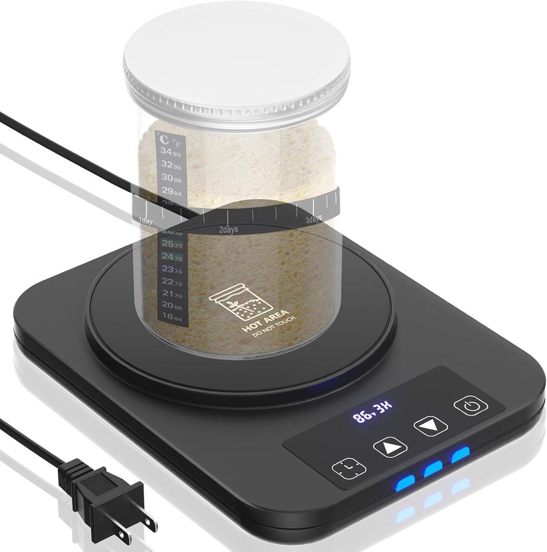 Sourdough Starter Warmer, Precise 1F Thermostat Control (70-100F) Sourdough Warming Mat, Smart memory Warming On/Off, 12-Hour Timer Sourdough Warmer Black
