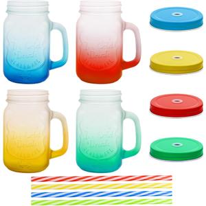16 oz Glass Mason Jars with Handles Set Of 4 Colored Frosted and Metal Lids and Hard Plastic Straws Drinking Glasses Cups Mug Set for Iced Coffee, Tea