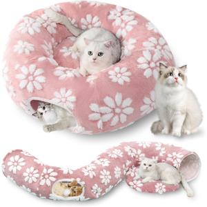 Cat Tunnel for Indoor Cats, Cute Peekaboo Cat Cave with Dangling Balls, Pet Donut Tunnel Bed with Circle Mat for Puppy Kitten Rabbit, Pink (Round)