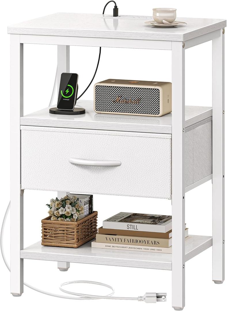 SUPERJARE Nightstand with Charging Station, Bed Side Table with Adjustable Fabric Drawer, Night Stand for Bedroom, 3-Tier Storage End Table, for Living Room, White (M (11.8"D x 15.7"W x 23.4"H), White)