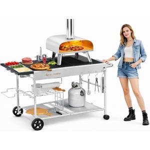 Pizza Oven Table with Topping Station, Outdoor Pizza Oven Cart, Grill Table for Outside, Grill Cart, Food Prep Work cart Fits for Ninja Woodfire Grill, Blackstone Griddle,Tabletop Grill