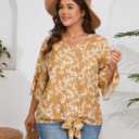SCOMCHIC Women's Plus Size Blouses V Neck Tops 3/4 Sleeve Tie Knot Casual False Button Down Shirts XL-5XL (Floral Yellow)