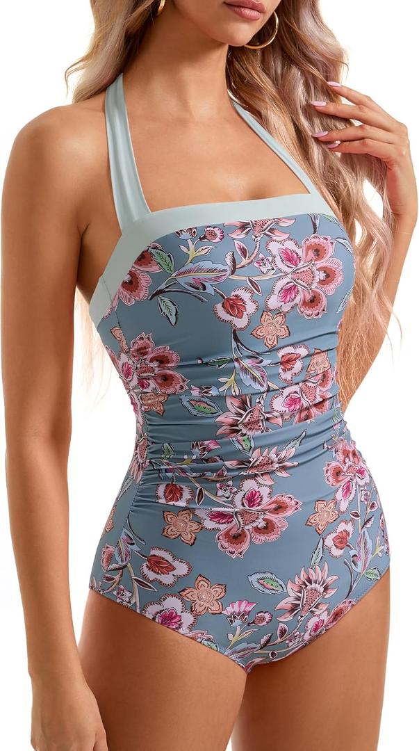 SUUKSESS Women Sexy Tummy Control One Piece Swimsuit Halter Retro Bathing Suit (Medium, 68 Retro Red Floral) Medium