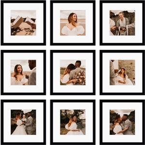12x12 Picture Frame Set of 9, Display Pictures 8x8 with Mat or 12x12 without Mat, Multi Collage Gallery Square Photo Frames for Wall or Tabletop, Black