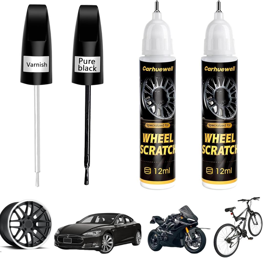 Gloss Black Rim Touch Up Paint, Car Wheel Scratch Repair Paint Pen Curb Rash Scuff Fix Kit with Varnish Clear Coat Pen Accurate Color Easy to Use(Gloss Black Varnish)