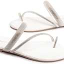 Women's Rhinestone Slide Sandals Slip On Flat Sandals Flip Flop Thong Sandals (White)