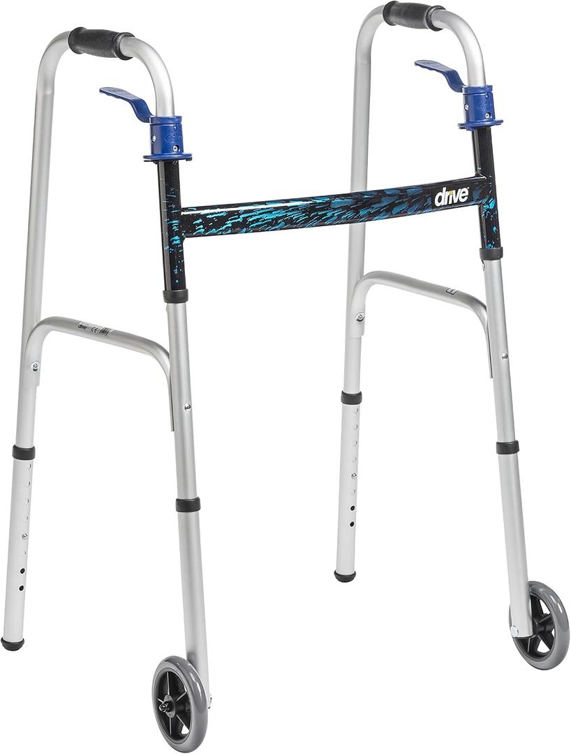 Drive Medical Trigger Release Folding Walker - Lightweight Brushed Steel Design - Easy Trigger Folding Mechanism - 5 Inch Wheels - Contoured Hand Grips - Senior Mobility Aid