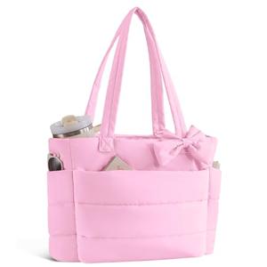 CTWWFS Puffer Tote Bag for Women, Quilted Bow Tote Bag with Cup Holder & 15.6 In Laptop Compartment, Lightweight Puffy Shoulder Bag with Zipper for Work, Travel, Gym, College (Dark Pink)