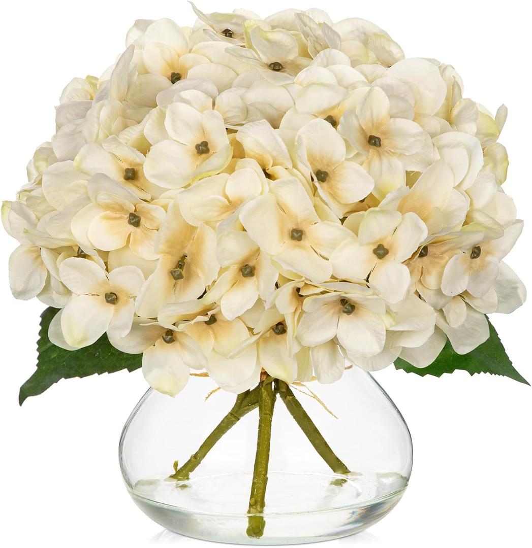 Hollyone Fall Hydrangea Artificial Flowers for Decoration with Glass Vase White Silk Fake Flower Arrangement with Faux Water Autumn Table Centerpiece Vase with Flowers Fall Decorations for Home