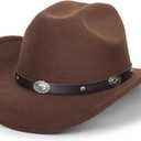 Classic Black Western Felt Roll Up Brim Cowboy and Cowgirl Hat for Women and Men - Decoration with Western Belt Bukle (7-7 1/4, Brown-vintage Buckle Belt)
