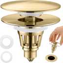 Universal Bathroom Sink Stopper - Pop Up Sink Drain Stopper, Push Button Flixfilter Sink Drain Stopper Replacement, Wash Basin Drain Filter Plug Anti-Clogging Basket, Brushed Gold
