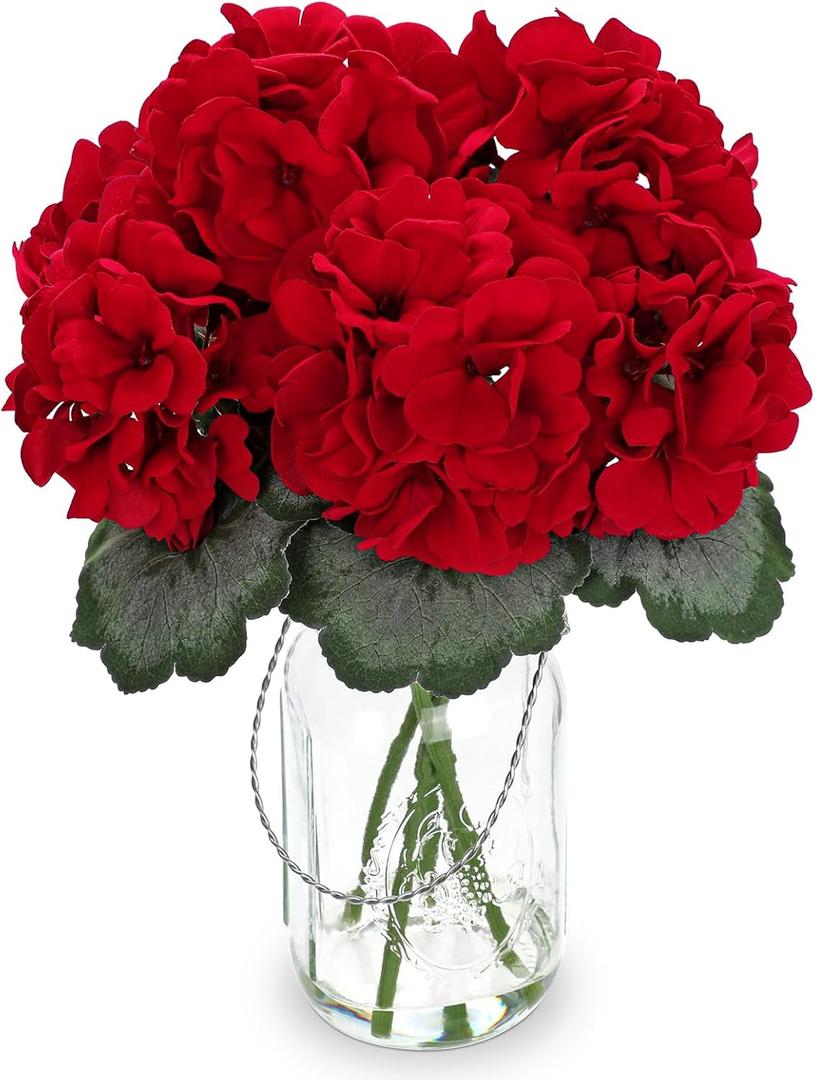 Artificial Geranium Flower Arrangement in Glass Vase, Realistic Red Faux Flowers Table Centerpiece 11.8 Inch for Home Office Shelf Decor