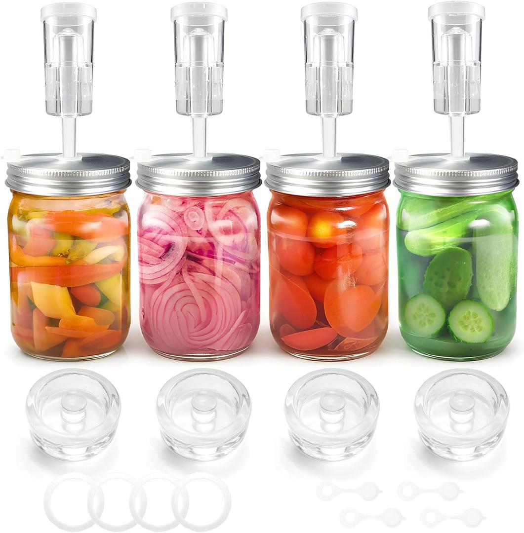 4 Pack Fermentation Kit, Stainless Steel Fermentation Lids and Glass Weights for 86MM Wide Mouth Mason Jars (No Jars)