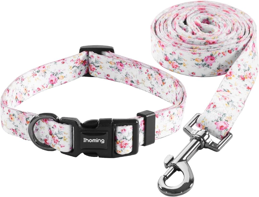 Ihoming Dog Collar and Leash Set for Daily Outdoor Walking Running Training, Floral Sky Design for Medium Boys Girls Dogs Cats Pets, M-Up to 45LBS (Medium (Pack of 1))