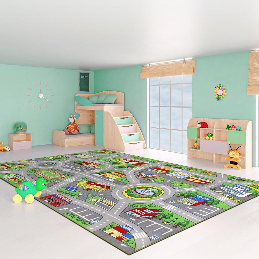 Kids Rug 6'6" x 9'8" City Life Playmat Area Rug Car City Map Washable Traffic Road Educational Learning Nursery Rug Carpet for Children Playroom Living Room Bedroom Classroom Decor Green