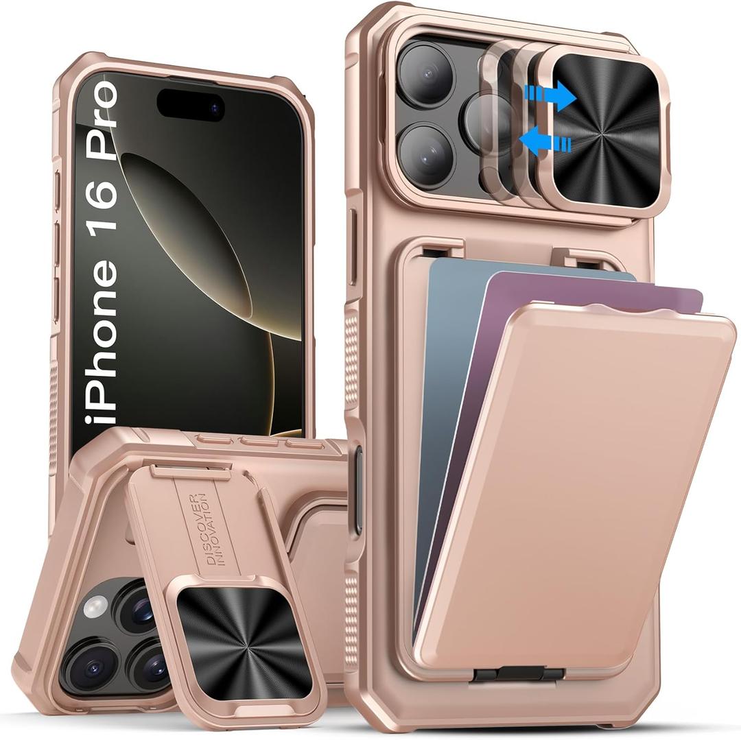 SSLOTSCASE for iPhone 16 Pro Wallet Case with Kickstand & Camera Cover & Card Holder (4 Cards), Drop Protection Heavy Duty Shockproof Hard Phone Case Cover for iPhone 16 Pro 6.3'' 2024, Rose Gold