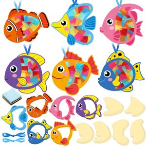 Tinlade 24 Pcs Under The Sea Fish Suncatcher Craft Kit Tropicial Fish Shaped Suncatcher Summer Craft Kit Window DIY Tissue Paper Decoration Ornament for Classroom Summer Party Favor Supplies