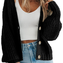 PRETTYGARDEN Women's Chunky Knit Open Front Sweater Long Sleeve Button Loose Short Cardigan Outerwear Coats, Black M