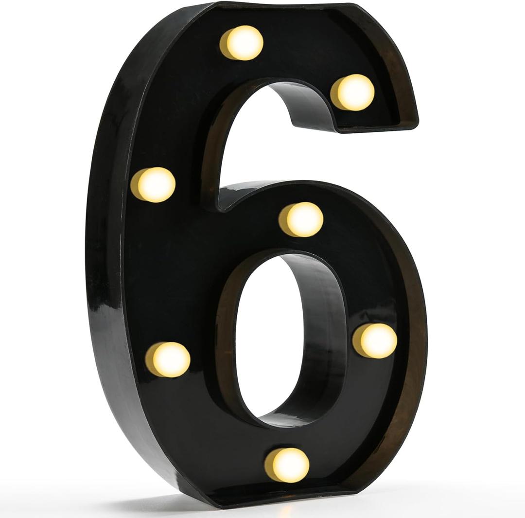 Pooqla Decorative Led Light Up Number Letters, Black Plastic Marquee Number Lights Sign for 6th Birthday Party Wedding Decor Battery Operated Black Decoration 6