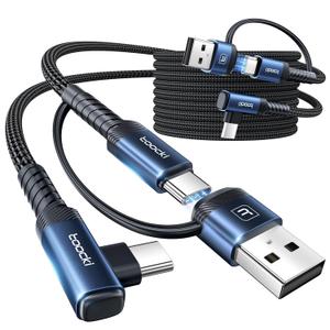 60W USB C Cable, [2-Pack, 10FT] Right Angle Type C Fast Charging Cable 2 in 1 Multi USB A/ C to USB-C Cable for iPhone15 Pro Max/ Plus/ MacBook Air/ Samsung S23 Ultra/ S22 Note 20