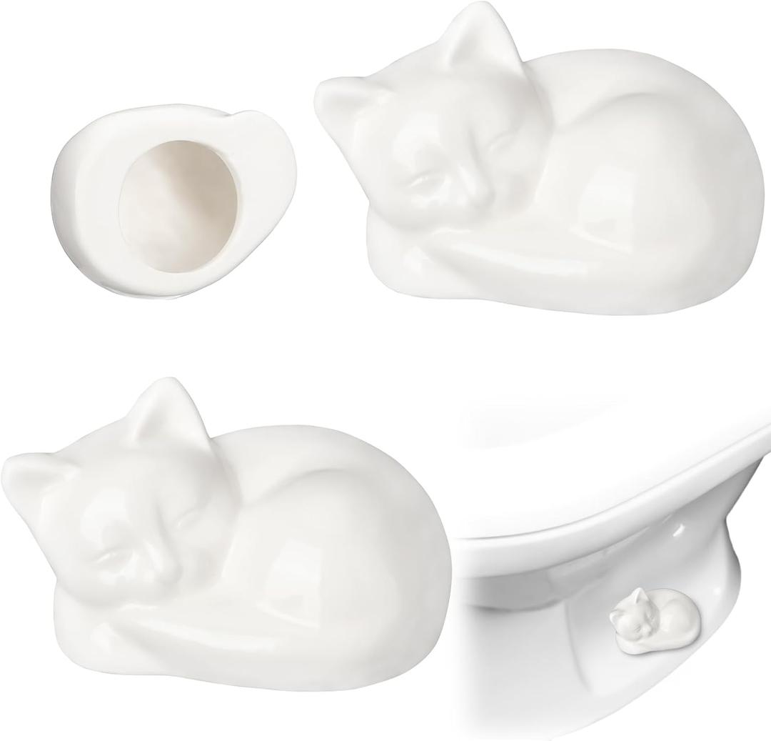 Wonderjune 2 Pack Toilet Bolt Caps Decorative Cat Toilet Bolt Screw Cover Caps Ceramic Cute Bathroom Decor Fun Themed Gadgets Replacement Parts(White)