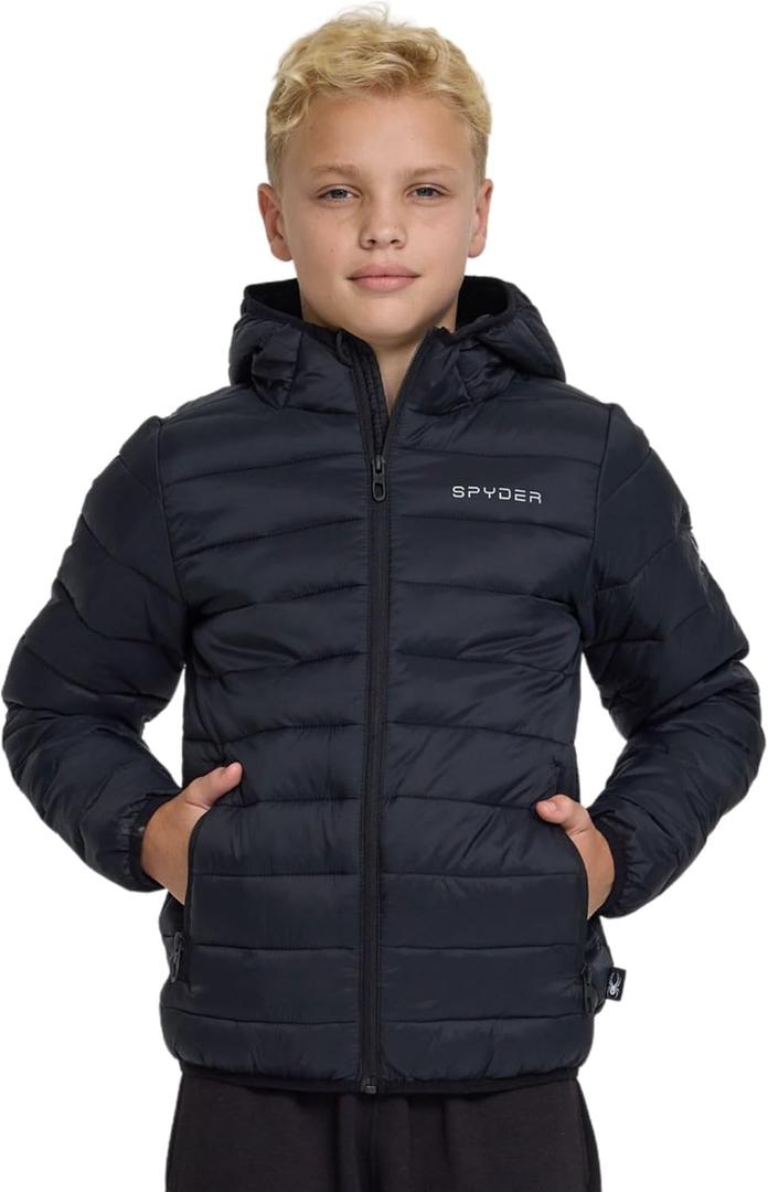 Spyder Packable Boys Puffer Jacket with Hood, Lightweight Boys Winter Jacket (Black)